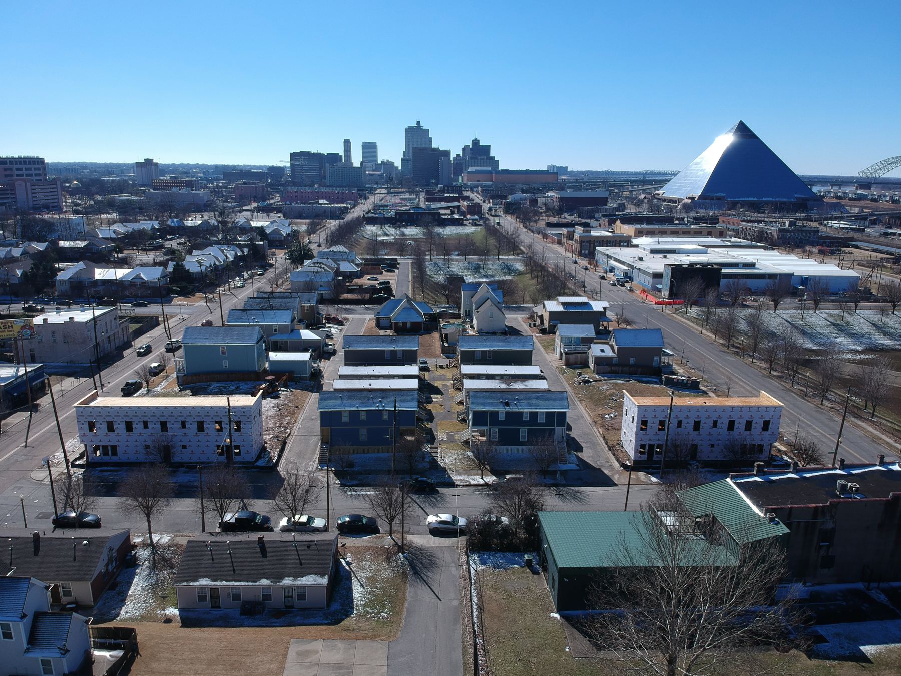 Aerial view of Malone Park Commons with the Memphis skyline and Pyramid