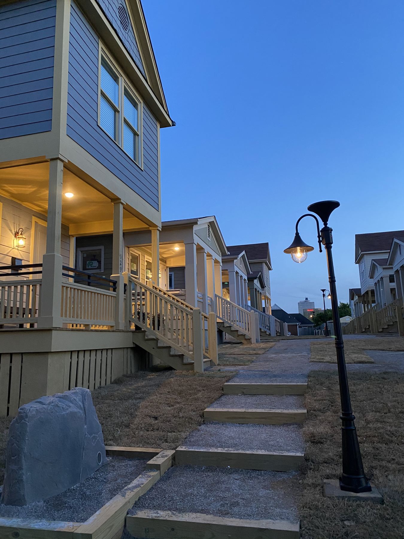 Evening in the cottage courtyard at Malone Park Commons